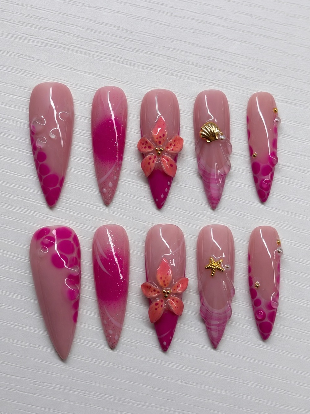 Pink Floral Stiletto Press-On Nails - Elegant Pink Nail Set - Picture 1 of 1